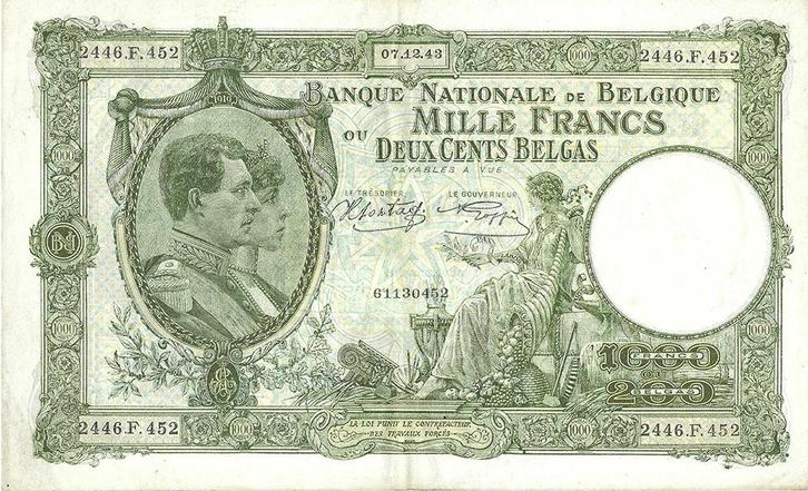 Bankbiljet 1000 francs 1943 Zeer Fraai, Postzegels en Munten, Munten en Bankbiljetten | Verzamelingen, Verzenden