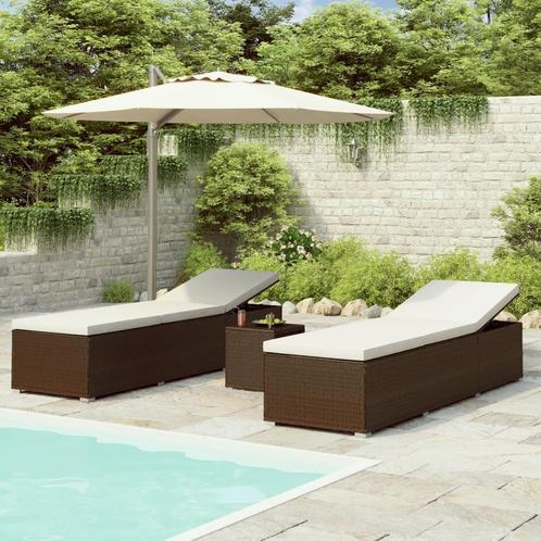 vidaXL 3-delige Ligbeddenset met theetafel poly rattan bruin, Tuin en Terras, Ligbedden, Nieuw, Verzenden
