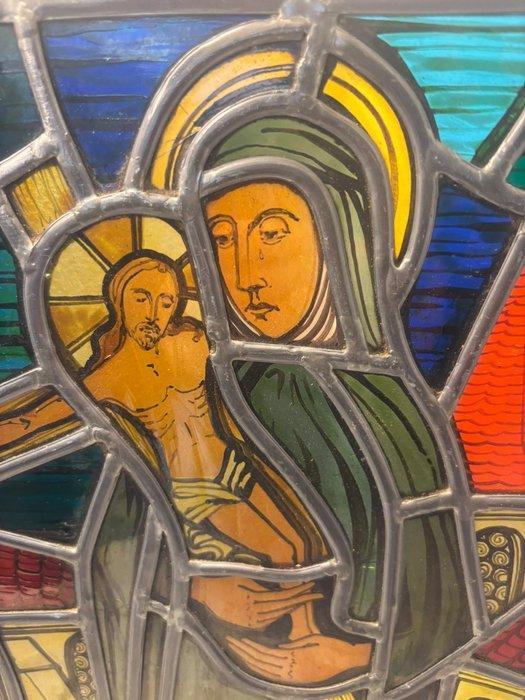 Glas en lood - Jezus aan het kruis - 23 x 43 cm -, Antiek en Kunst, Antiek | Boeken en Bijbels