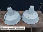 Oude grijze emaille vintage industriele fabrieks lampen, Minder dan 50 cm, Gebruikt, Stoer vintage industrieel , Metaal