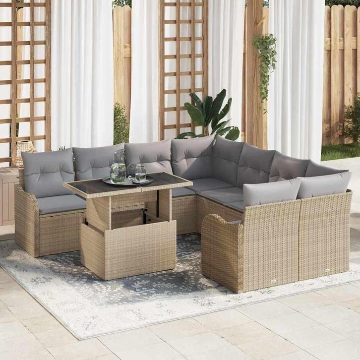 vidaXL Tuin Sofa Set met kussen 9 pcs Beige Poly riet, Tuin en Terras, Tuinsets en Loungesets, Nieuw, Rotan, Verzenden