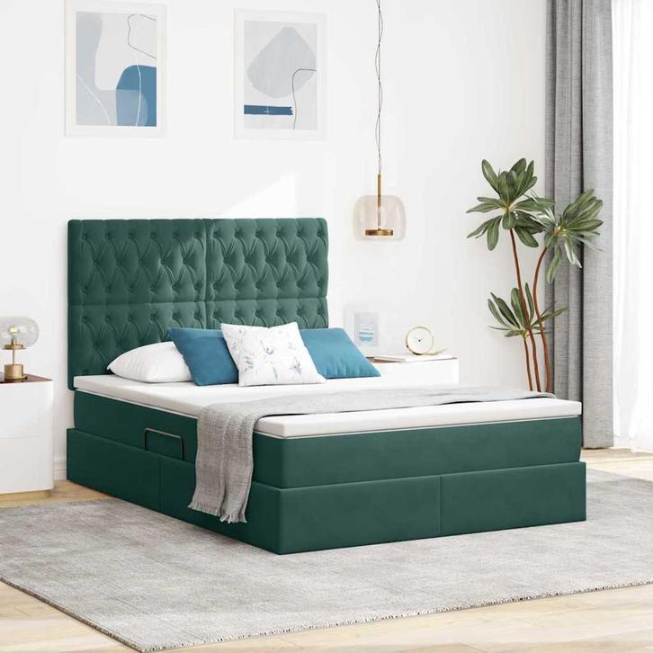 vidaXL Opslag bed met matras Donkergroen 140 x 190 cm, Huis en Inrichting, Slaapkamer | Bedden, Groen, Nieuw, Stof, Verzenden