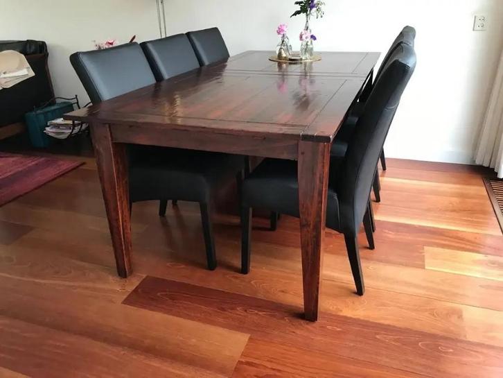 Set van 6 leren eetkamerstoelen - met houten poten - zwart, Huis en Inrichting, Stoelen, Nieuw, Leer, Ophalen of Verzenden