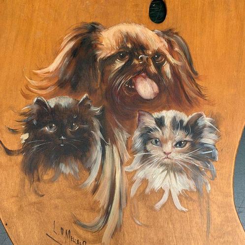 L Melcher (XX) - Hond en twee katten op schilders pallet, Antiek en Kunst, Kunst | Schilderijen | Klassiek