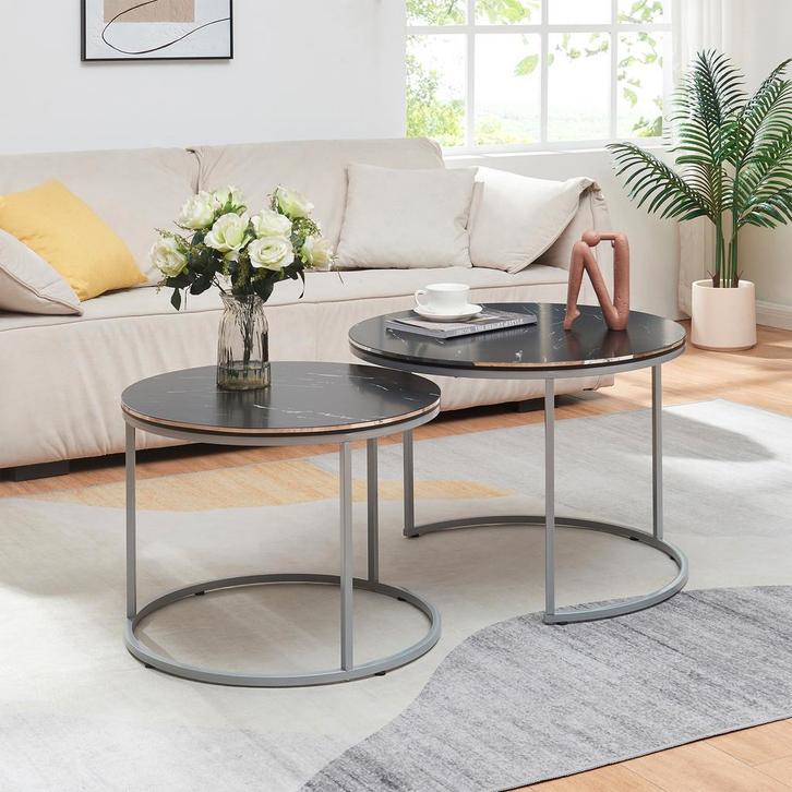 [en.casa] Salontafel Skagen set van 2 rond marmer zwart en z, Huis en Inrichting, Tafels | Salontafels, Verzenden