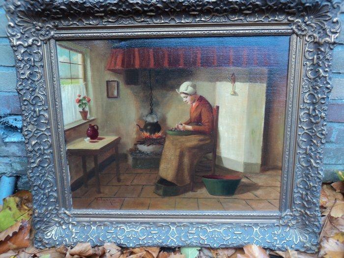 H van Langen (1874-1964) - De aardappellen schillen, Antiek en Kunst, Kunst | Schilderijen | Klassiek