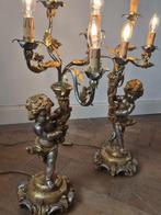 Paar Putti-Tischleuchten – Holz und Metall mit Silber- und