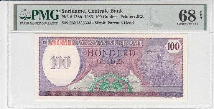 1985 Suriname P 128b 100 Gulden Pmg 68 Epq, Postzegels en Munten, Bankbiljetten | Europa | Niet-Eurobiljetten, Verzenden