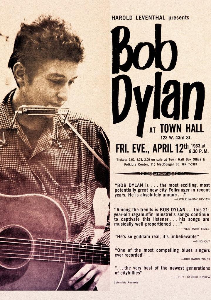 Posters - Poster Dylan, Bob - Town Hall, Verzamelen, Muziek, Artiesten en Beroemdheden, Zo goed als nieuw, Verzenden