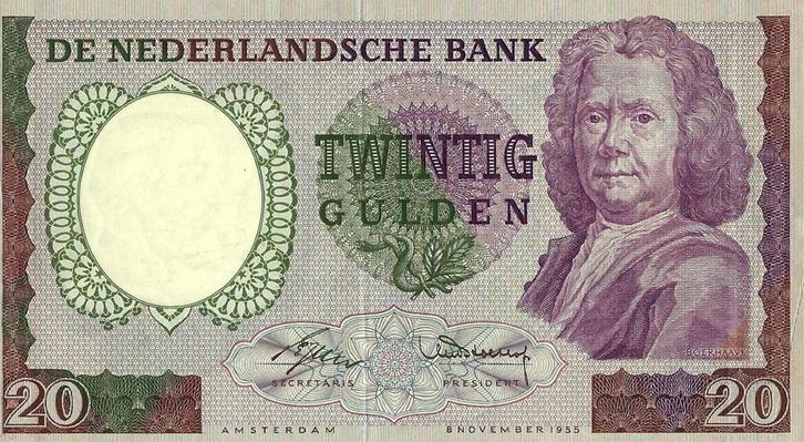 Bankbiljet 20 gulden 1955 Boerhaave Prachtig, Postzegels en Munten, Bankbiljetten | Nederland, Verzenden