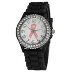 Fako® - Horloge - Kristal Siliconen - Pink Ribbon - Zwart, Nieuw, Verzenden