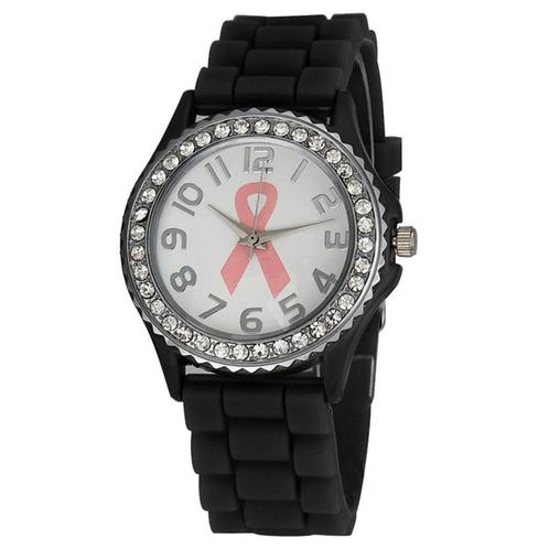Fako® - Horloge - Kristal Siliconen - Pink Ribbon - Zwart, Sieraden, Tassen en Uiterlijk, Horloges | Dames, Verzenden