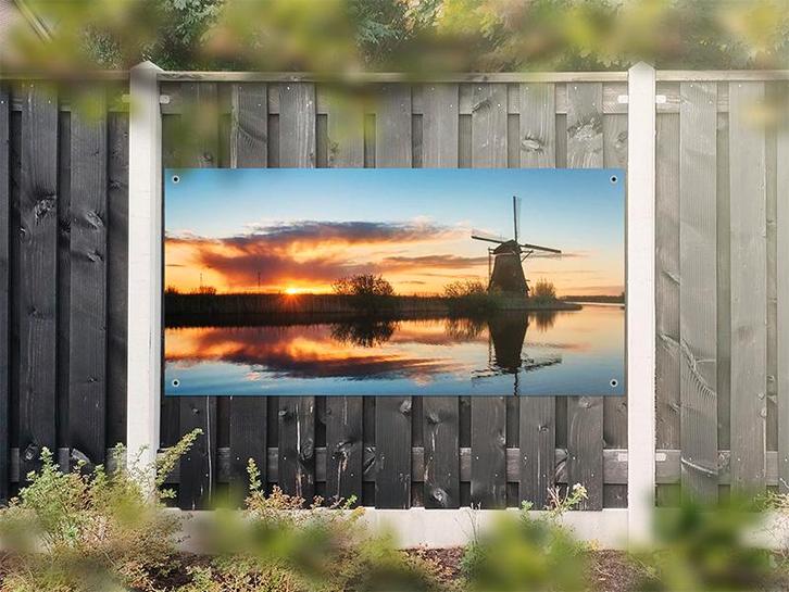 NR 1210: Tuinposter molen aan water zonsondergang 90x180cm, Tuin en Terras, Tuinwanddecoratie, Nieuw