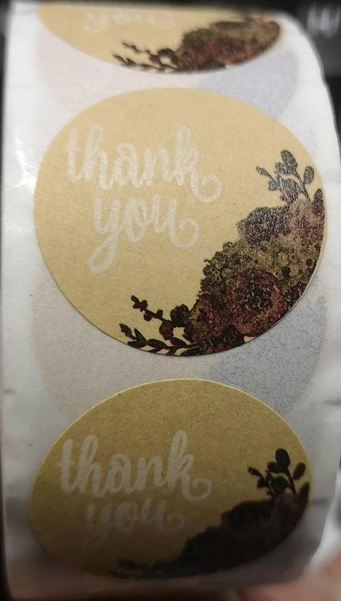 500 stickers labels rol thank you vintage bloemen kraft, Huis en Inrichting, Woonaccessoires | Kunstplanten en Kunstbloemen, Nieuw