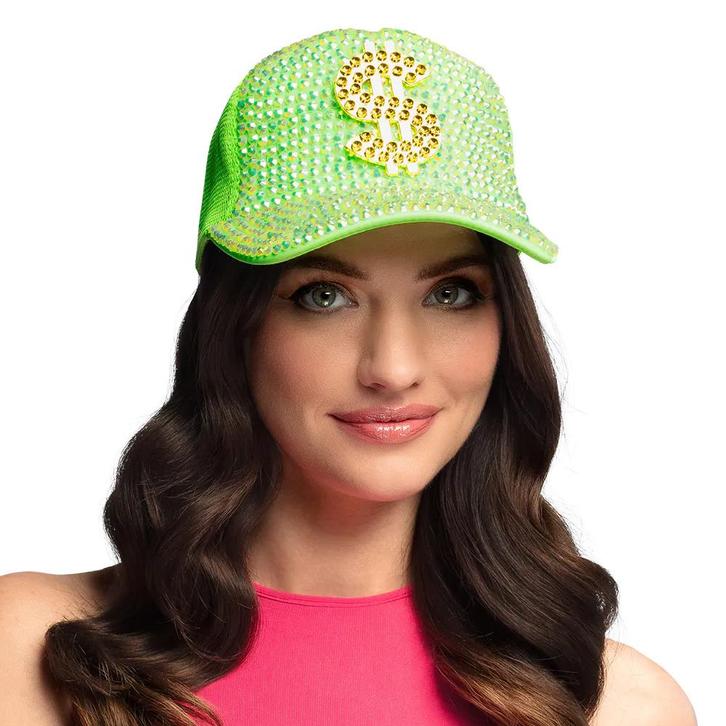 Neon Groene Dollar Pet met Strass, Hobby en Vrije tijd, Feestartikelen, Nieuw, Ophalen of Verzenden