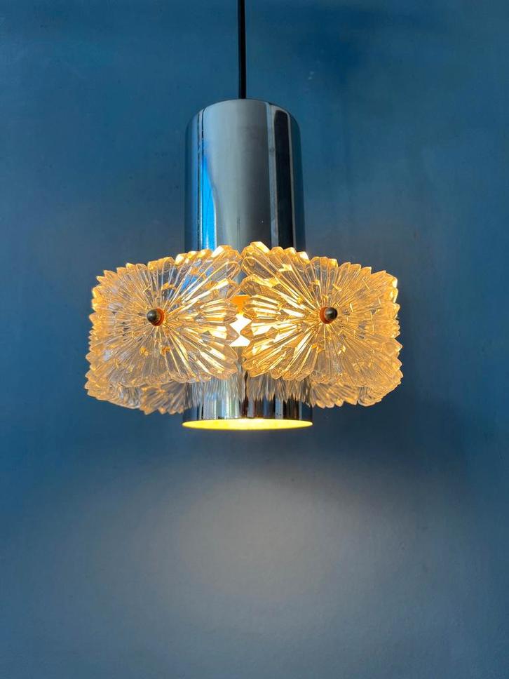 Mid Century Crystal Glass Hanging Lamp with Chrome Frame, Huis en Inrichting, Lampen | Hanglampen, Nieuw, Ophalen of Verzenden