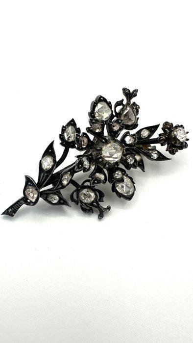 Broche - 14 karaat Zilver, Geel goud - 5.00ct. tw. Diamant, Sieraden, Tassen en Uiterlijk, Antieke sieraden