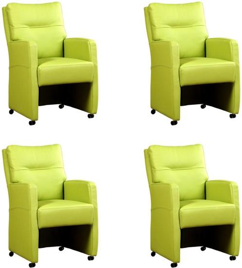 Set van 4 Felgroene leren landelijke eetkamerfauteuils - Tol, Huis en Inrichting, Stoelen, Vier, Overige kleuren, Nieuw, Leer