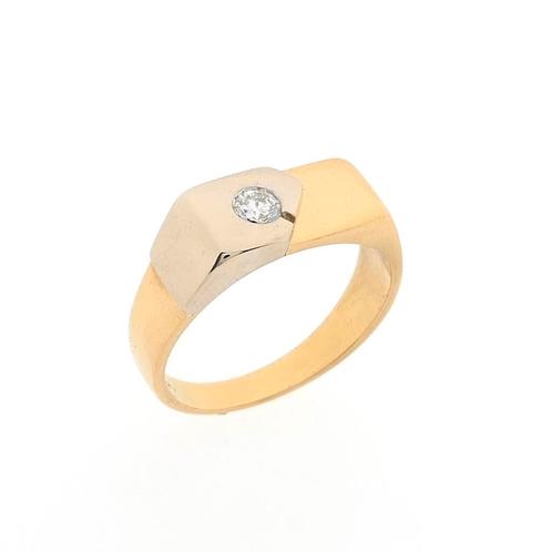 18 Krt. Bicolor gouden heren ring met diamant 0,18 ct., Sieraden, Tassen en Uiterlijk, Ringen, Dame of Heer, Met edelsteen, Overige kleuren