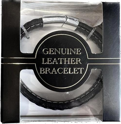 Heren Armband met Leerlook - Lengte 21,5 cm - Zwart, Sieraden, Tassen en Uiterlijk, Uiterlijk | Cosmetica en Make-up, Ophalen of Verzenden