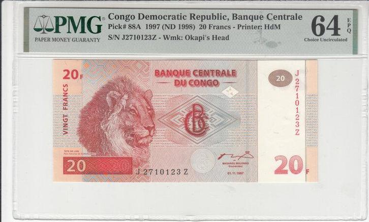 1997 Congo Dem Rep P 88a 20 Francs Pmg 64 Epq, Postzegels en Munten, Bankbiljetten | Europa | Niet-Eurobiljetten, Verzenden