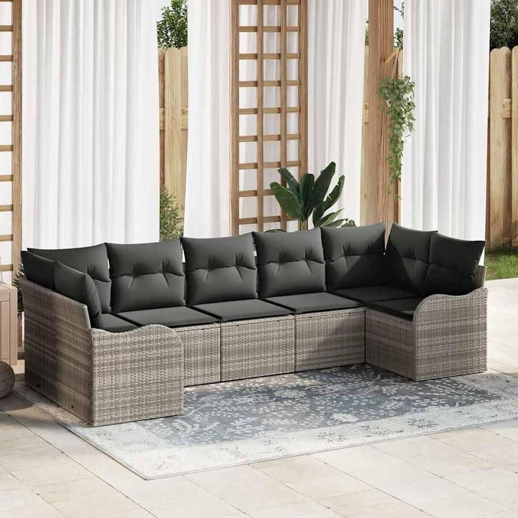 vidaXL Tuin Sofa Set met kussen 7 pcs Lichtgrijs Poly riet, Tuin en Terras, Tuinsets en Loungesets, Nieuw, Rotan, Verzenden