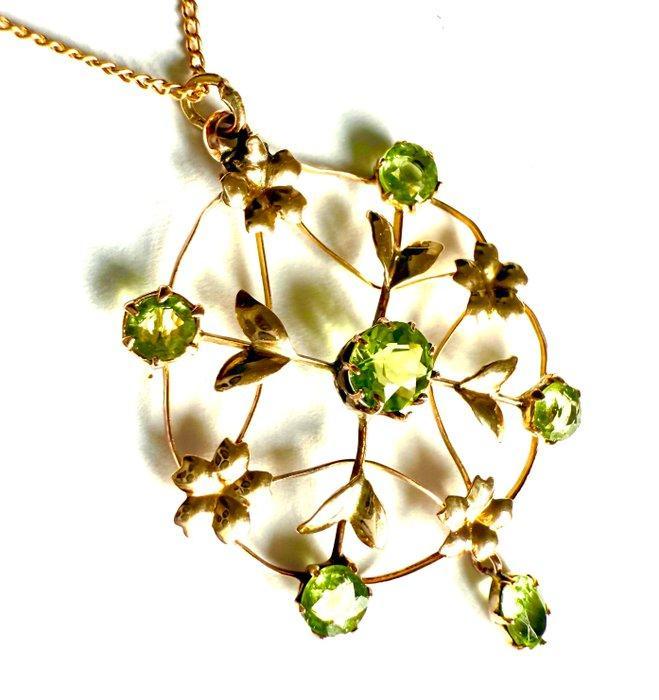 Halsketting - 9 kt. Geel goud - 9ct Art Nouveau peridot, Sieraden, Tassen en Uiterlijk, Kettingen