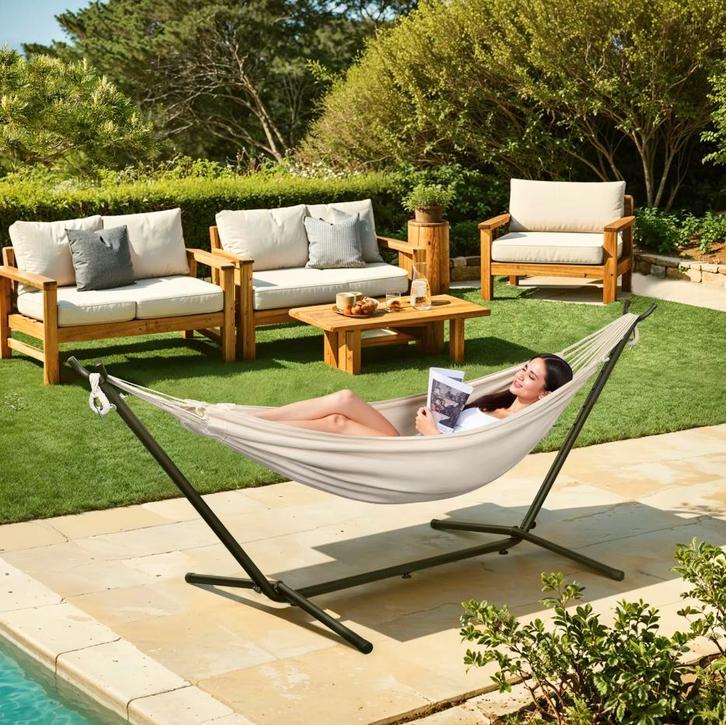 Nieuwe Dubbele Hangmat met Standaard - Beige of donkergrijs, Tuin en Terras, Hangmatten, Meerpersoons, Nieuw, Met standaard, Binnen