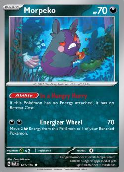 Morpeko 121/182 reverse holo Paradox Rift, Hobby en Vrije tijd, Verzamelkaartspellen | Pokémon, Losse kaart, Nieuw, Foil, Ophalen of Verzenden