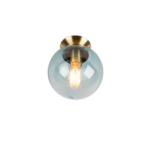 Art Deco plafondlamp messing met blauw glas - Pallon, Huis en Inrichting, Lampen | Plafondlampen, Nieuw, Glas