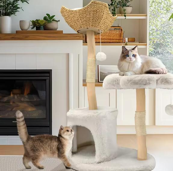 Houten Kattenboom – Moderne Kattentoren met Krabpaal en Mand, Dieren en Toebehoren, Katten-accessoires, Nieuw, Verzenden