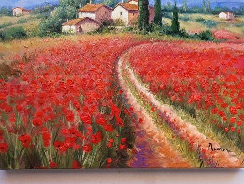 Domenico Ronca (1964) - The poppies country road - Tuscany, Antiek en Kunst, Kunst | Schilderijen | Klassiek