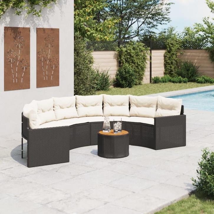 vidaXL Tuinbank met tafel en kussens halfrond poly rattan, Tuin en Terras, Tuinsets en Loungesets, Nieuw, Rotan, Verzenden