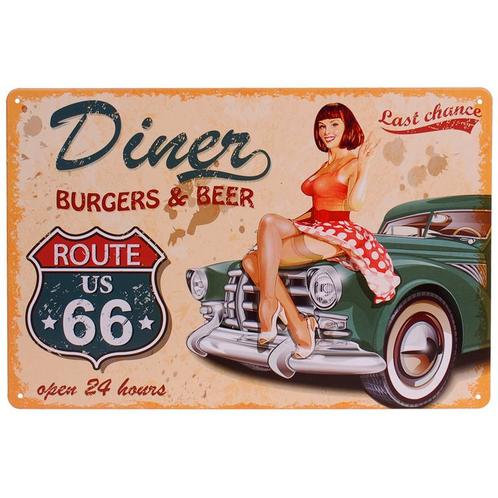 Metalen Plaatje - Route 66 Diner/Burgers/Beer Oldtimer - 20x, Huis en Inrichting, Woonaccessoires | Tekstborden en Spreuken, Nieuw