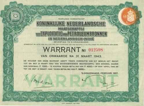 warrant van de Kon. Nederl. Mij tot Expl. van Petr. Bronnen, Postzegels en Munten, Aandelen en Waardepapieren, Overige typen, 1920 tot 1950