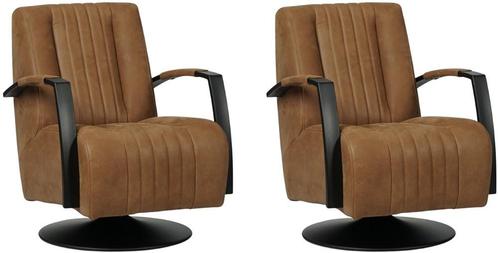 Bruine leren industriële draaifauteuils - staal zwart frame, Huis en Inrichting, Fauteuils, 50 tot 75 cm, 75 tot 100 cm, Nieuw