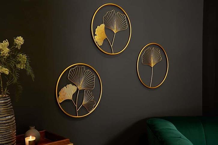 Elegante wanddecoratie set van 3 GINKGO 40cm goud in, Huis en Inrichting, Woonaccessoires | Overige, Ophalen of Verzenden
