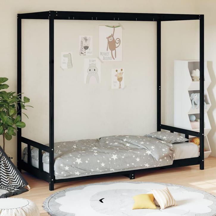 vidaXL Kinderbedframe 90x190 cm massief grenenhout zwart, Kinderen en Baby's, Kinderkamer | Bedden, Nieuw, Verzenden
