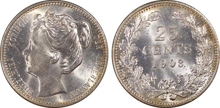 Koningin Wilhelmina 25 cent 1903 MS64 PCGS Gecertificeerd, Postzegels en Munten, Munten | Nederland, Losse munt, 25 cent, Koningin Wilhelmina