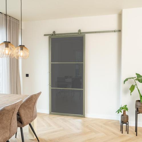 Stalen Schuifdeur - 3 Vlaks - Olijfgroen - Rook glas, Doe-het-zelf en Verbouw, Kozijnen en Schuifpuien, Inclusief glas, Nieuw