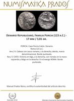 Romeinse Republiek. C. Porcius Cato, 123 v.Chr.. Denarius