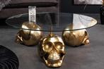 Design salontafel SKULL XXL 90cm goud rond glazen blad, Ophalen of Verzenden, Nieuw