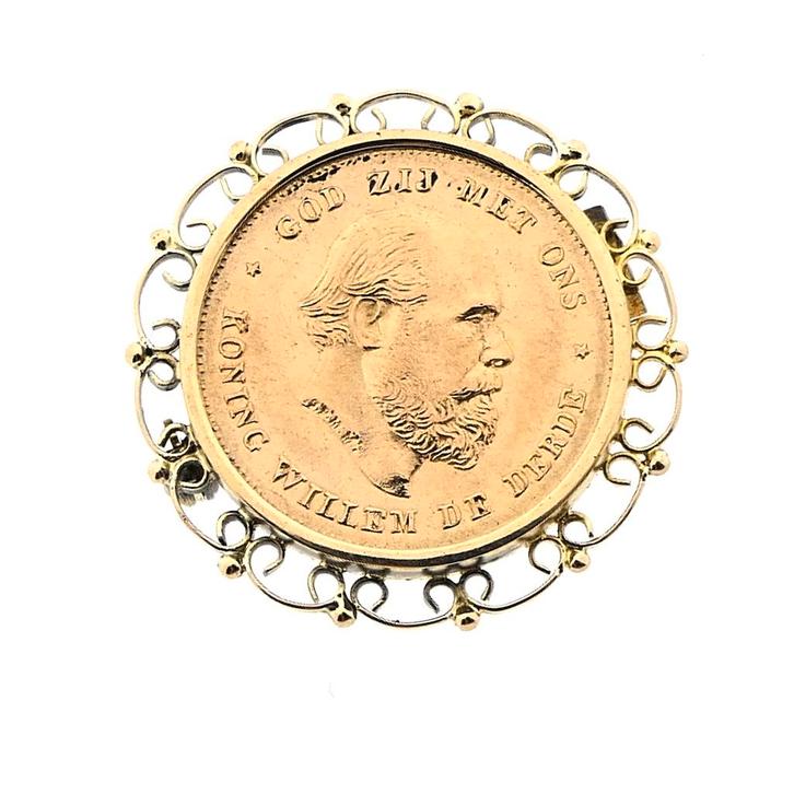 Gouden broche van 10 gulden munt Koning Willem De Derde 1875, Sieraden, Tassen en Uiterlijk, Broches, Overige kleuren, Gebruikt
