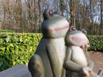 Beeld, garden statue 2 frogs on tree trunk - 41 cm -