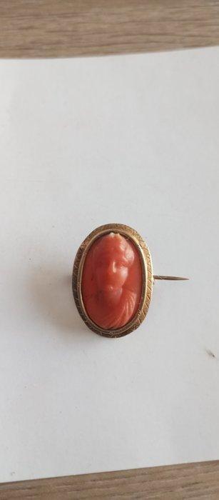 Broche - 18 karaat Geel goud Koraal - Bloedkoraal - Camee, Sieraden, Tassen en Uiterlijk, Antieke sieraden