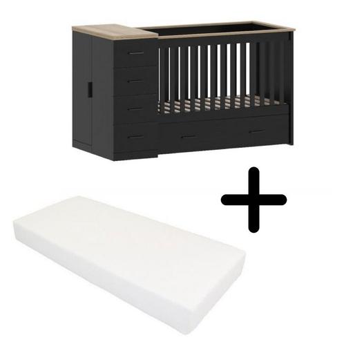 Cabino Combi Ledikant Memphis Zwart Eiken Met Matras, Kinderen en Baby's, Babywiegjes en Ledikanten, Nieuw, Ophalen of Verzenden