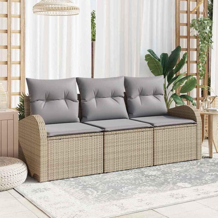 vidaXL Tuin Sofa Set met kussen 3 pcs Beige Poly riet, Tuin en Terras, Tuinsets en Loungesets, Nieuw, Rotan, Verzenden