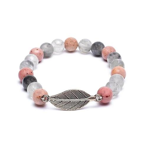 Elastische Mala Armband met Rhodoniet, Grijze Kwarts en Veer, Sieraden, Tassen en Uiterlijk, Armbanden, Nieuw, Verzenden