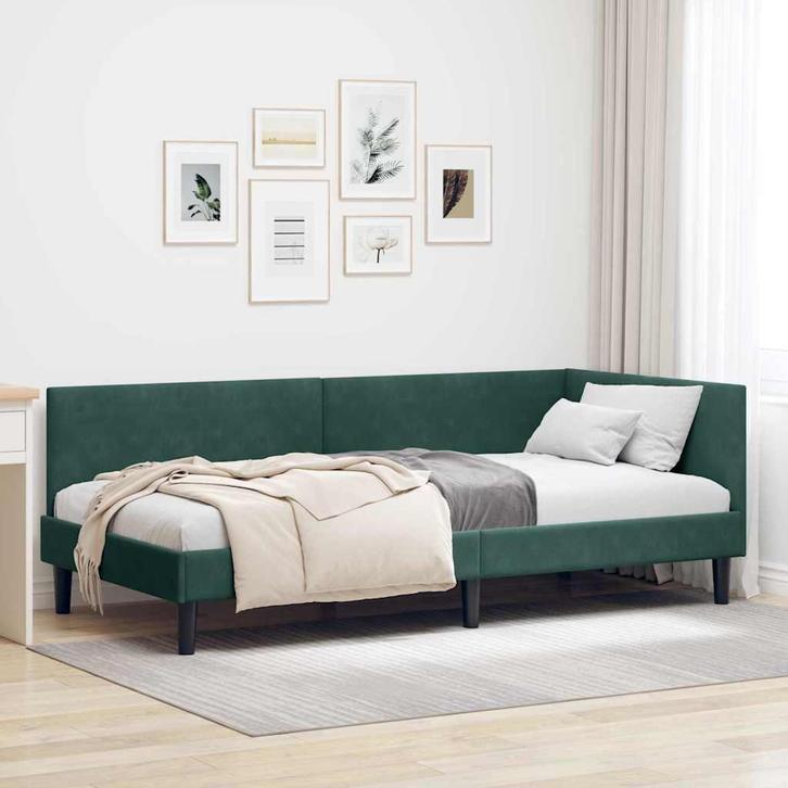vidaXL Hoekbedframe met hoofdeinde Donkergroen 100 cm x 200, Huis en Inrichting, Slaapkamer | Bedden, Groen, Nieuw, Stof, Verzenden