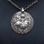 Zilver, Antiek, Zonnegod Surya - Ketting met hanger -